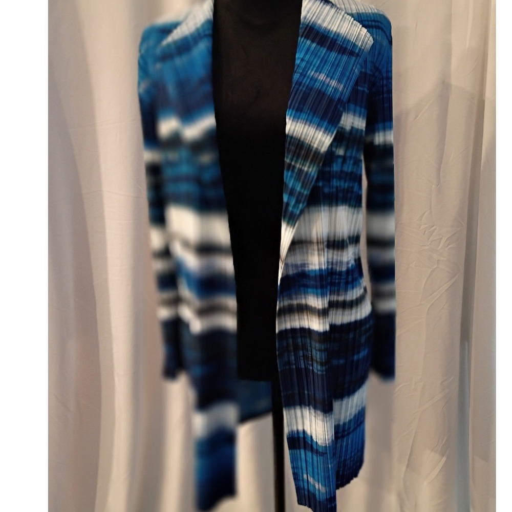 Chicos Collection Blue White Abstract Stripe Pleated Open Front Cardigan Size 1